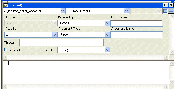Shown is the Script view with w _ master _ detail _ ancestor displayed in the first drop down, New Event in the second drop down, and a blank in the third drop down. Next to the third drop down is a pair of toggles for displaying or hiding the Prototype window. The Prototype window is displayed.