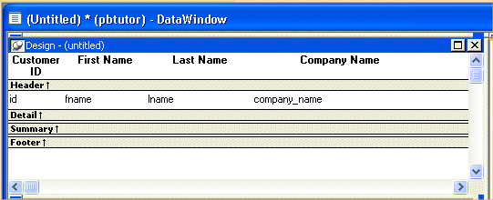 Shown is the Design view. The horizontal Heading band at the top includes the headings Customer I D, First Name, Last Name, and Company Name. The Detail band below it displays the column names i d , f name, l name, and company _ name.