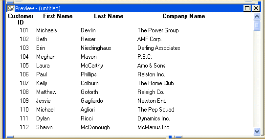 Shown is the Preview of the Data Window as it will appear during execution. Columns titled Customer I D, First Name, Last Name, and Company Name display rows of actual data sorted in ascending order by customer I D.