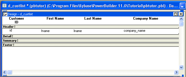 Shown is the Design view. The horizontal Heading band at the top includes the headings Customer I D, First Name, Last Name, and Company Name. They are left justified in their boxes and all headers have been shifted farther right. The Detail band below the Header band displays the column names i d , f name, l name, and company _ name. All are aligned with their headings.