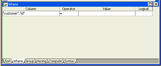 Shown is the Where view. it has columns labeled Column, Operator, Value and Logical. The single Column displayed is " customer " dot " id " and its Operator is an equal sign.
