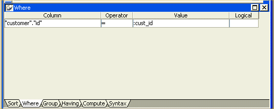 Shown is the Where view. It has columns labeled Column, Operator, Value and Logical. The single Column displayed is " customer " dot " id " and  its Operator is an equal sign. The Value is displayed as cust _ i d.