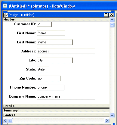 Shown is the Detail band of the Design view of the Data Window painter. It shows a series of labeled text fields, one for each of the columns included in the Data Window object. The fields and labels are arranged one pair to a line with the labels on the left and right justified and the column names left justified next to them.
