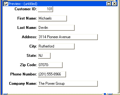 Shown is the Preview view of the Data Window object. It shows a series of labeled text fields, one for each of the columns included in the Data Window object. The fields have actual data in them.