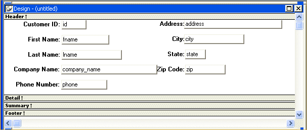Shown is the Detail band of the Design view of the Data Window painter. It includes a series of labeled text fields, one for each of the columns included in the Data Window object. The labeled fields are arranged two to a line. Labels appear on the left of each pair and are right justified. The column names are left justified next to them. The zip code field and company name overlap each other on the same line.