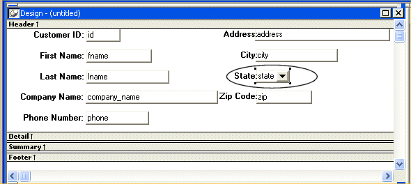 Shown is the Detail band of the Design view of the Data Window painter. It includes a series of labeled text fields  that are arranged two to a line. Labels appear on the left of each pair and are right justified. The column names are left justified next to them. The zip code field and company name, which share a line, no longer overlap each other. All the other fields on the right of the screen are aligned with the zip code field.