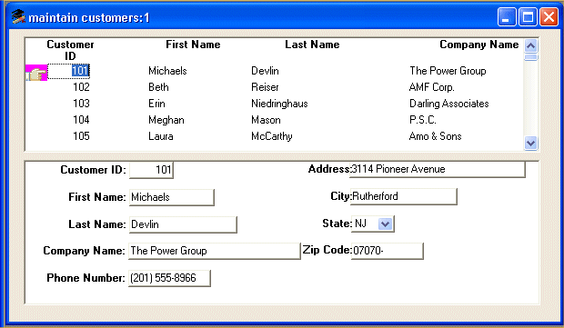 Shown is the Customer window titled Maintain Customers 1. Across the top half of the screen are the column headings Customer I D, First Name, Last Name, and Company Name. They have rows of actual data and a hand icon at the left points to the top row. The bottom half of the screen shows data in labeled text boxes on the left side for Customer I D, First Name, Last Name, Company Name, and Phone Number. On the right side are labeled text boxes with data for Address and City, a drop down for State set to NJ, and then a text box with data for Zip Code.