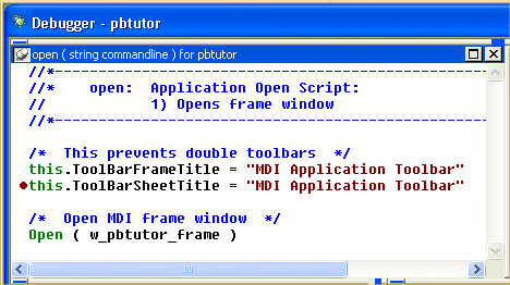 Shown is the Source view displaying code for the p b tutor event open ( string command line ). A dot signifying a break point appears to the left of the following line : this dot Tool Bar Sheet Title equals " M D I Application Tool bar "