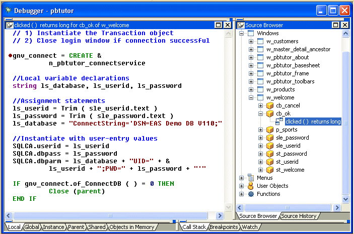 Shown is the code for the Clicked event for the d b _ o k button in the Source view. A dot signifying a break point appears to the left of the following line: g n v _ connect equals Create n _ p b tutor _ connect service