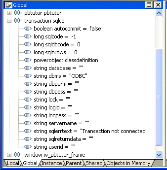 Shown is the Global variables view. Transaction sequel c a is expanded to show the properties. Long sequel code equals minus 1, string d b m s equals " O D B C ", and string sequel err text equals " Transaction not connected ". The strings d b parm, d b pass, and user I d all equal " " .