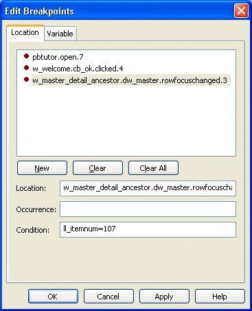 Shown is the Location tab page of the Edit Break points dialog box. Highlighted in the display of three break points  at the top is the line w _ master _ detail _ ancestor  dot d w _ master dot row focus changed dot 5. This same line appears in the Location text box below the display of break points. Next is an Occurrence text box that is blank, and then a Condition text box with the entry l l _ item num equals 107.