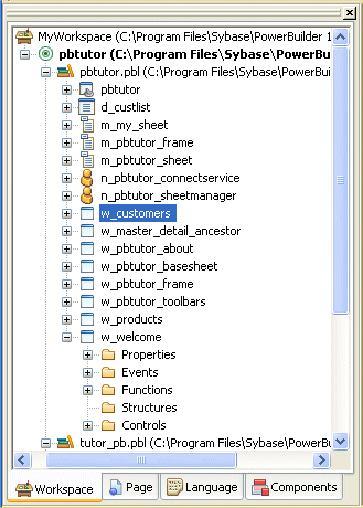 Shown is p b tutor dot pibble expanded in the System Tree. Of the objects that it includes, the window named w _ customers is highlighted.