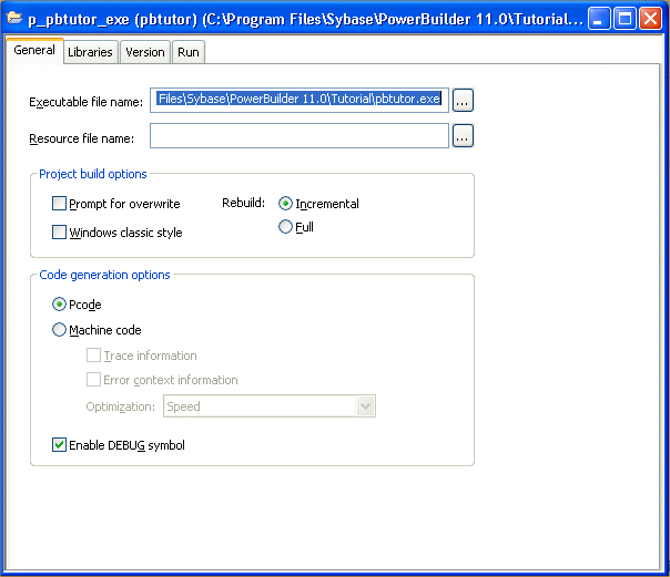 Shown is the Project object in the Project painter work space. The object name p b tutor dot e x e is displayed at top in a text box for Executable File Name. Next is a blank text box for Resource File Name, a group box of Project Build Options with an unselected check box for Prompt for Overwrite, a checked check box for New Visual Controls Style, and a Rebuild drop down list box set to Incremental. Next is a group box of Code Generation Options including an unchecked check box for Machine Code and an optimization drop down set to Speed. Next is a group box for Version information, including Company and Product Name, Description, and Copyright. At bottom is a list of Libraries with cleared P B D check boxes and blank text boxes for Resource File Name.