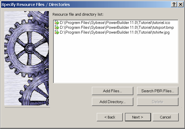 Specifies Resource Files and Directories page of the wizard shows the names of the picture files that you added to the Resource Files and Directories list.