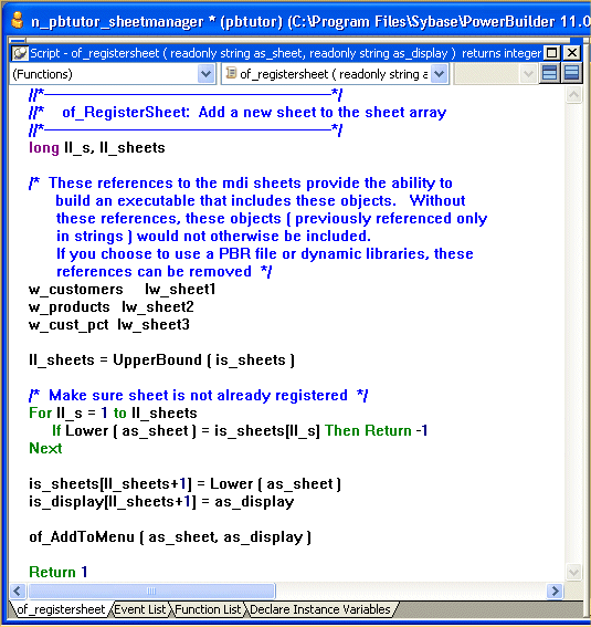 Shown is the script for the of _ register sheet function in the Script view. It includes lines declaring sheet window variables for w _ customer and w _ products, and then the line s _ cust _ p c t l w _ sheet 3.