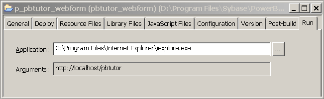 The Run tab of the Project painter shows the path to the Internet Explorer browser as the application that you use to run the Web Forms project and it displays the URL for the application in the Arguments text box.