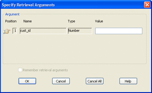 Shown is the Specify Retrieval Arguments dialog box. It has text fields labeled Position, which shows as 1, Name, with the entry cust _ i d, Type with the entry Number, and Value, which is blank.