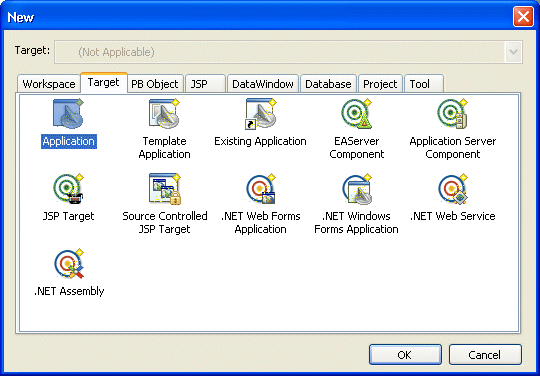 Shown is the Target page of the New dialog box. It has icons for Application, Template Application, Existing Application, E A Server Component, COM / com plus component, Automation Server, Web Site, J S P Target, and Source Controlled Web Target.