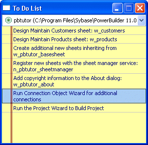 Shown is the To-Do List, which includes multiple tasks such as Register new sheets with the sheet manager service n _ p b tutor _ sheet manager. Highlighted is the task shown as Run Connection Object Wizard for additional connections.