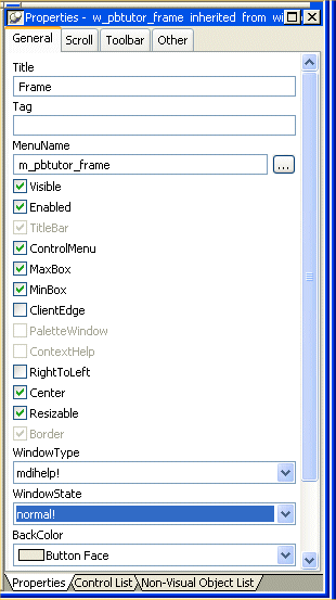 Shown is the General tab of the Properties page. At bottom is the Window State drop down list box with the entry normal !.