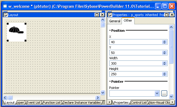 Shown at left is the layout view, a large gray rectangle with a grid of dots that represents the window you are building. A picture of a baseball cap is displayed in the top left corner. At the right of the screen is the Other tab of the Properties view with spin controls for X and Y coordinates set to 40 and 50, respectively, then a Width control set to 300 and a Height control set to 250. At bottom is a blank drop down list box labeled Pointer with a browse button to its right..