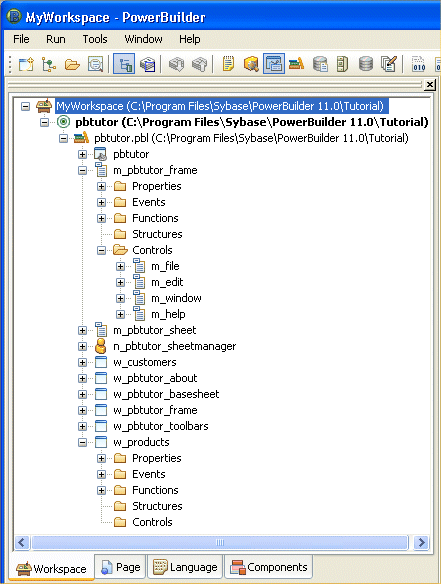 Shown is the System Tree. The p b tutor dot pibble library displays under the p b tutor target iand it contains the target Application object, which has the same name as the target object but displays under the library file. Other objects generated by the wizard also display under the library file.