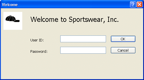 Shown is a screen with a picture of a baseball cap in the top left corner and at center is the title Welcome to Sportswear, Inc. Below these is a line with the text User ID:, a blank white text box, and an OK button. Under this is a line with the text Password:, a blank white text box, and a Cancel button.  