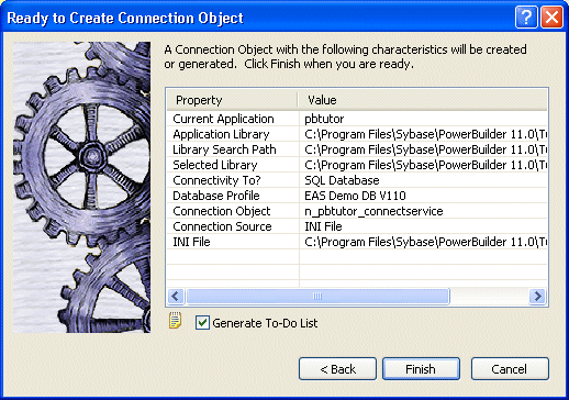 Shown is the last wizard page, which displays a table of properties and their values, such as Current Application, whose value is p b tutor, and the Application Livrary and Livrary Search Path. The table is a summary of your choices, including the default selections. At bottom is a  Generate To Do List check box that is selected.
