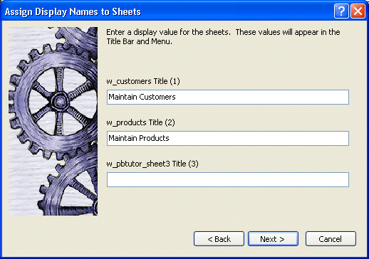 Shown is the Assign Display Names to Sheets page. Maintain Customers is shown as the display name in the text box for w _ customer Title ( 1 ), and  Maintain Products is the display name for w _ product Title ( 2 ).