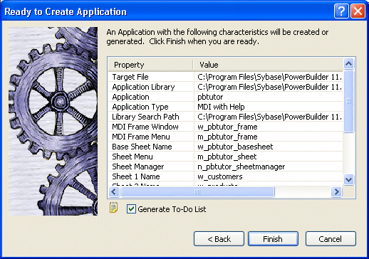Shown is the Ready to Create Application page. At top is the text, "An Application with the following characteristics will be created or generated. Click Finish when you are ready." Below this is a table with columns for Property and Value that displays all the current selections. Below it is a selected check box labeled Generate To Do List.