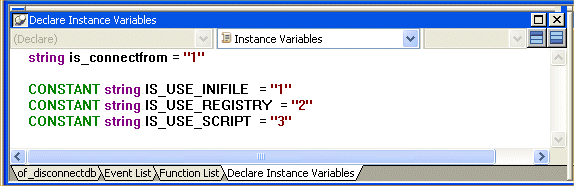 Shown is the Declare Instance Variables area of the Script view.