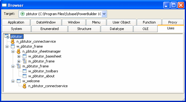 The sample shows the System Tab of the Browser. In a pane at the left is a Tree View with text entries and associated icons that uses indentation to represent a hierarchy. Highlighted is the window entry in the graphic object folder. In the right pane is a list of Properties for a  window.