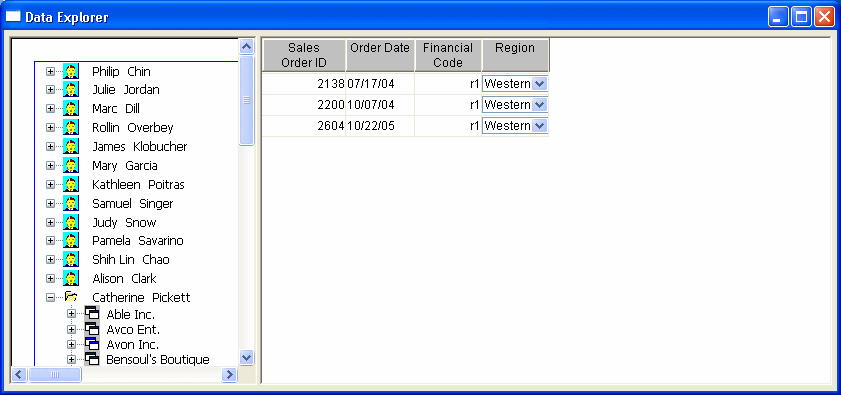 The right pane has changed to show sales order detail’s for the customer selected in the tree view in the left pane.