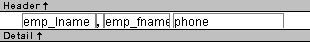 The sample shows the detail band of the Design view. It includes four controls, from left to right: emp _ l name, a comma, emp _ f name, and phone. Beneath them, the word Design and an up arrow appear.