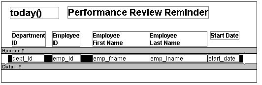 The sample shows what the Design view looks like when properties of a rectangle control placed behind a row of data are changed to highlight an employee whose month of hire is the current month or the coming month. The rectangle behind the data is black.