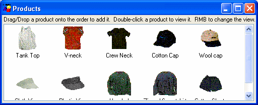 The sample screen is labeled Products. At top is the text "Drag / Drop a product onto the order to add it. Double - click a product to view it. R M B to change the view."  Below this is a scrollable display with rows of pictures with text labels. They represent products such as Cotton Cap and Wool Cap.