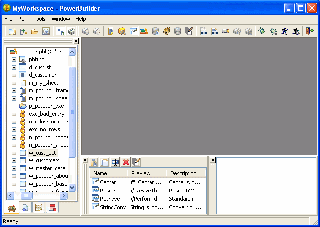 The sample shows the Clip and Output windows docked at the bottom center and right of the window. Above them is a grayed rectangle. At left, the System Tree occupies the full height of the window. All the areas in the sample are blank and the System Tree shows an icon with the label ( No Workspace ).