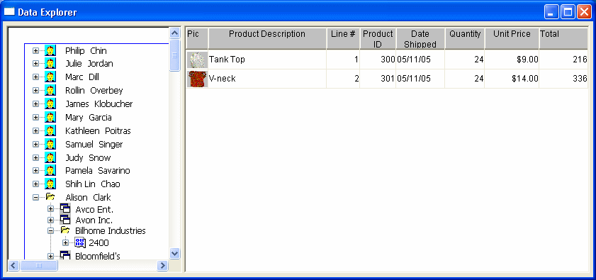 The customer node in the left pane has been expanded to show an order number, and the right pane shows details of each item in the order.