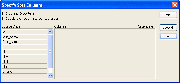 The sample shows two columns in the Source list with checks indicating that the sort will be in ascending order