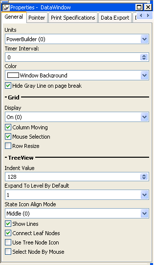 The General page in the property view displays general properties that apply to most reports, as well as special sections for Grid-style TreeView reports and for all TreeView reports.