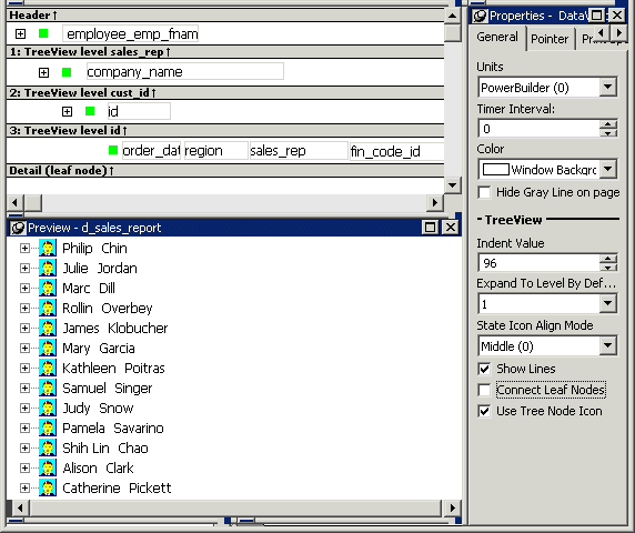 The design, preview, and properties view for the sample display in the datawindow painter.