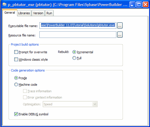 The sample shows the Project painter work space. At top are boxes for Executable File Name and Resource File Name. Both have browse buttons. Next are Project Build Options, which include a check box labeled Prompt For Over write and a drop down list box labeled Rebuild with the entry Incremental. Next are Code Generation Options,with check boxes for Machine Code, Trace Information, and Error Context Information and a drop down list box labeled Optimization with the entry Speed. Next is version information with fields for Compnay Name, Product Name, Description, Copyright, Product Versions, and File Versions. At bottom is a Library list with a P B D check box and a Resource File Name box for each entry.