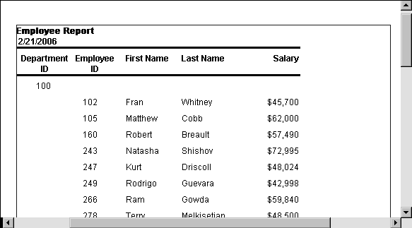 The sample shows a preview of a report with the title Employee Report and the date underneath. Rules set off the horizontal band with five column headers. The first header is Department I D. The Department I D 1 0 2 appears alone in the first row, followed by many rows of four columns of data for department 1 0 2 . 