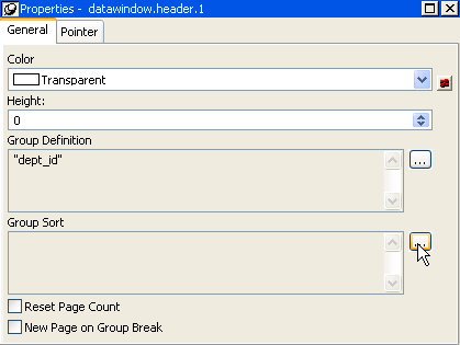 The sample shows the general property page for the group in the Properties view. It has fields for color, height, and group definition, and at bottom is a Group Sort box with a button to its right. The button is highlighted by a rectangle drawn around it.