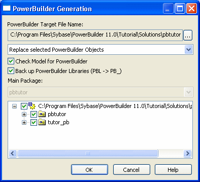 The PowerBuilder Generation dialog box displays the the file name for the linked PBT, a text box and check box for target generation options, and a list box for classes in the current OOM. A checkmark next to a class in the list box indicates that you want to generate the class as an object in a PowerBuilder target.  This selections in this example indicate that all classes in the OOM will replace objects of the same name in the linked pb tutor target.