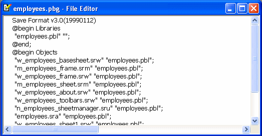 The sample shows a window labeled gen app dot p b g * - File Editor. After the line @ begin Objects, a list of 17 objects displays with entries such as " target 1 backslash backslash m _ gen app _ frame dot s r m " " target 1 backslash backslash gen app dot p b l "  ; .