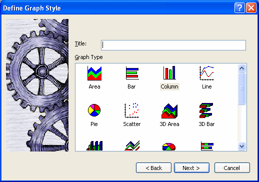 The sample shows the Define Graph Style page in the Data Window wizard. It has a text box for the graph’s title and a scrollable region displaying labeled icons for the Graph types available. Those displayed include Area, Bar, Column, Line, Pie, Scatter, 3 D area, and 3 D Bar.