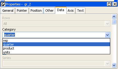 The sample displays the Data page in the Properties view. All has been selected from the Rows drop down list, and the quarter column has been selected as the Category. In the drop down list for Category are listed rep, quarter, product, and units, with quarter highlighted.