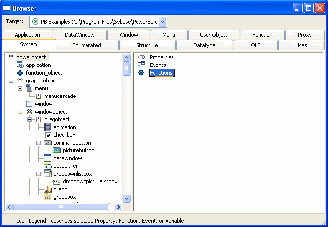 The sample shows the System tab of the Browser window. The left pane has an expanded Tree View of the power object. Indented beneath it are application, function _ object, and graphic object. Graphic object is expanded to show menu, window, and window object. Window object is expanded in turn. The right pane lists text and icons for Properties, Events, and Functions.