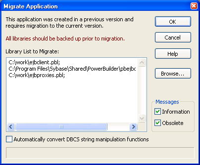 Shown is the Migrate Application dialog box. At top is the text This application was created in a previous version and requires migration to the current version. All libraries should be backed up prior to migration. Below the text is a display area labeled Library List to Migrate. It displays a single sample pibble name.